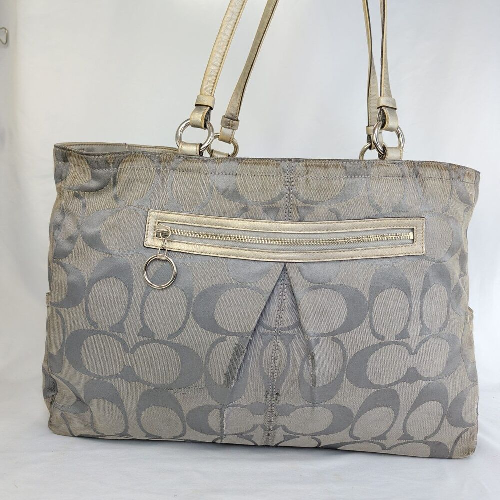 Coach Signature Stripe Tote Bag F14863 Gray Canvas Leather Shoulder Handbag